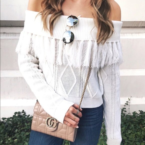 Revolve White Off Shoulder Fringe Cable Sweater - Picture 4 of 5